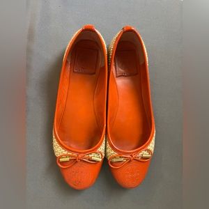 Tory Burch Ballet Flats Orange Patent Leather and Straw Womens Size 6.5